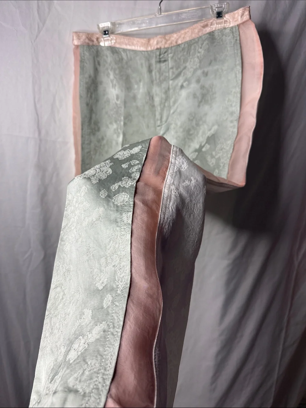 Zara Sage Green, Pink & White Jacquard Textured Pants with Sheer Pink Panels L